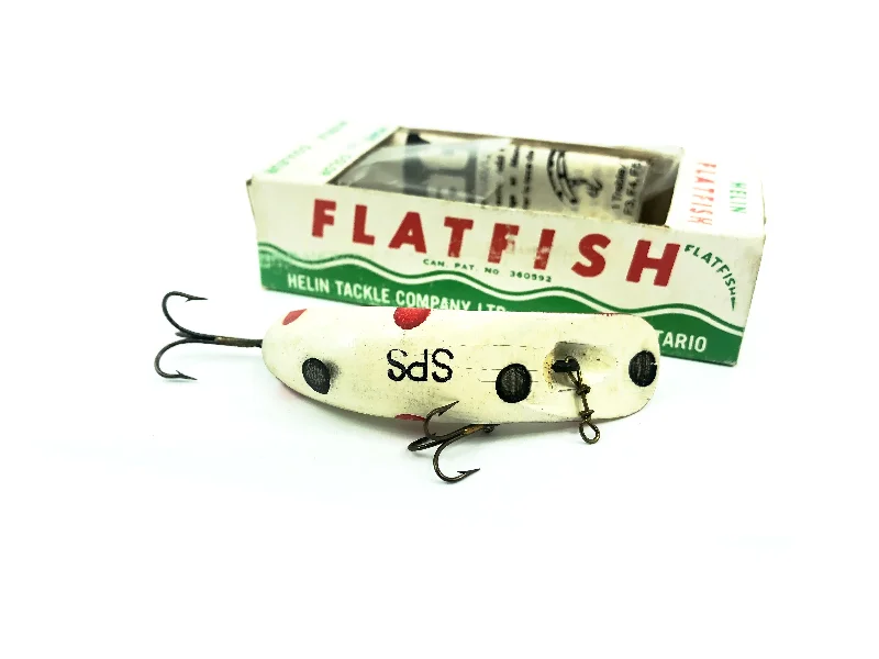 Bright Flash Lures-Helin Flatfish SPS, WH White/Black Red Spots Color with Box