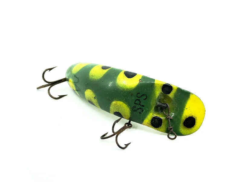 Best Fishing Lures-Vintage Helin Wooden Flatfish SPS Spinning Surface, FR Frog Color