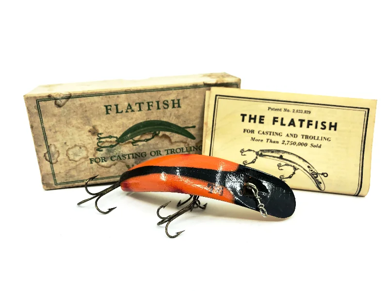 Topwater Lures-Vintage Helin Flatfish T4, OB Orange Black Stripe Color with Box - 1947