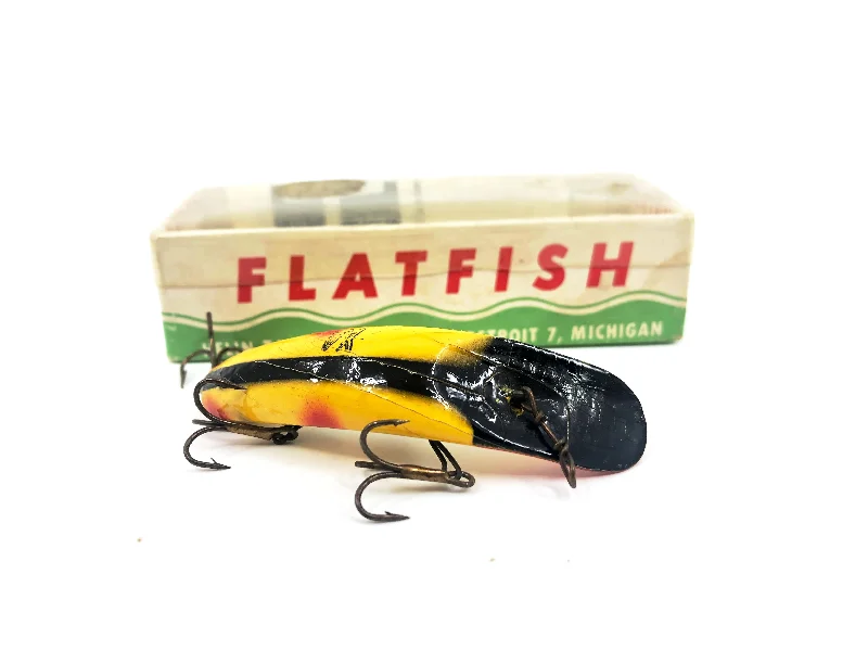 Soft Plastic Worm Lures-Vintage Helin Flatfish X4, YB Yellow/Black Stripe/Red Tip Color with Box