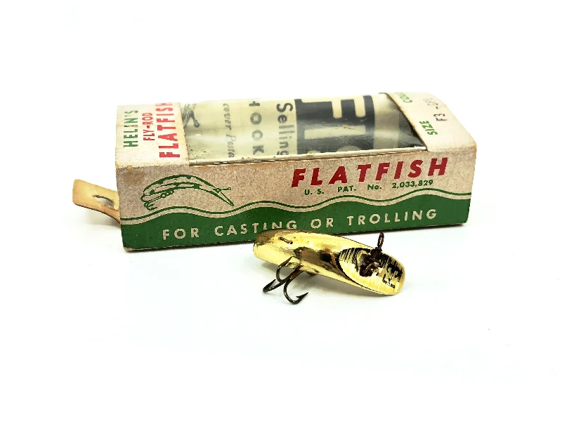 Paddle Tail Lures-Vintage Helin Flatfish F3, GPL Gold Plated Color with Box