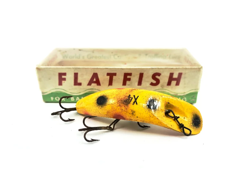 Lifelike Lures-Vintage Helin Flatfish X4, YE Yellow/Spots Color with Box