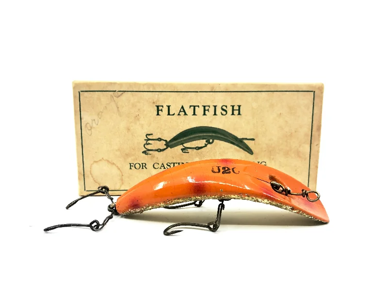 Soft Plastic Lures-Vintage Helin Flatfish U20, OG Orange Top/Gold Bottom Color with Box