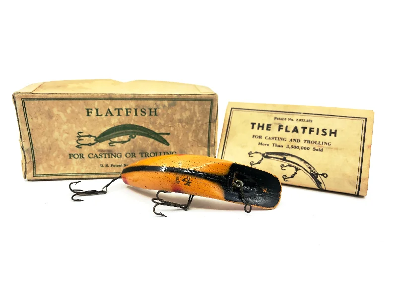 Best Fishing Lures-Vintage Helin Flatfish T4, OB Orange/Black Stripe/Red Tip Color with Box - 1947/1948 - Tough