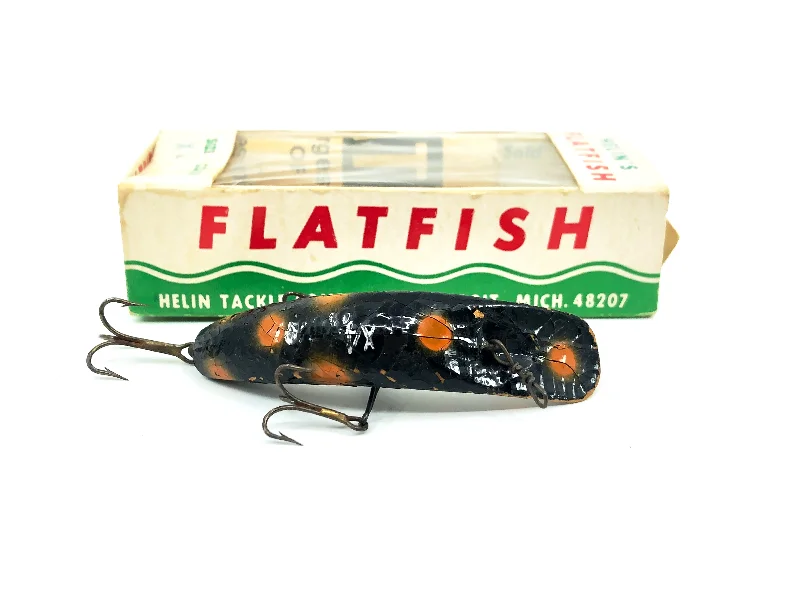 Freshwater Lures-Vintage Helin Flatfish X4, BL Black/Orange Spots Color with Box