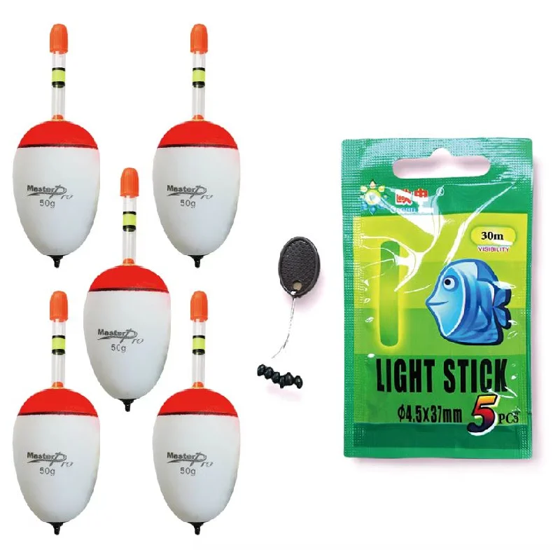 Fixed Float for River Fishing-Masterpro 5 x Foam Floats with inbuilt glow stick holder Free float stoppers/50g