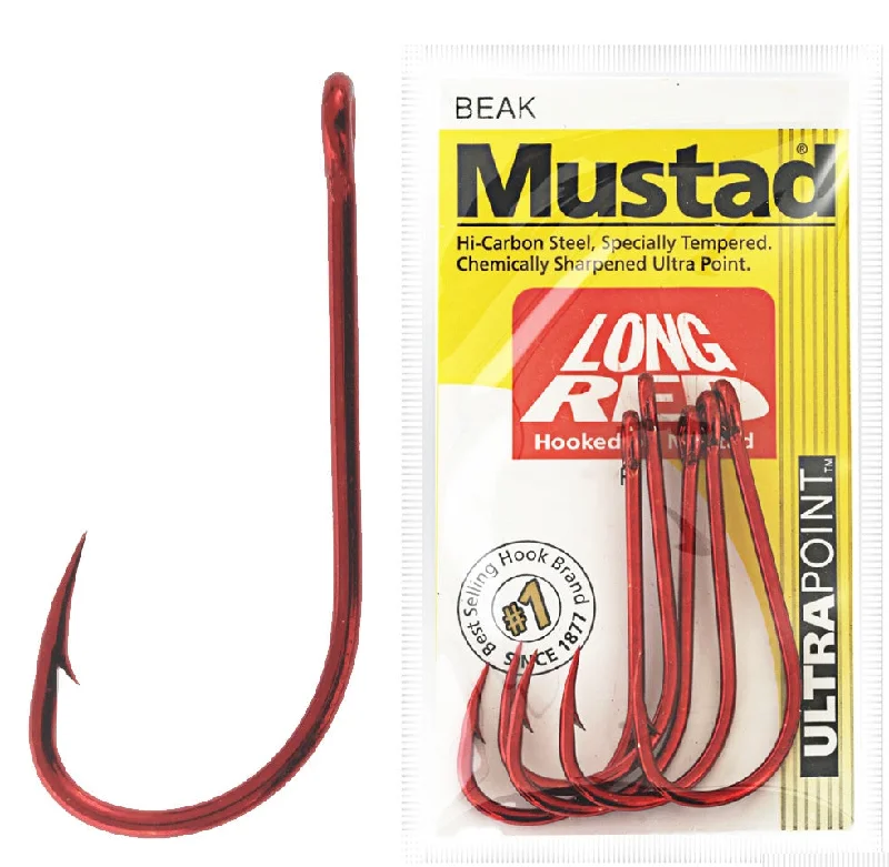 Fishing Hooks with Large Eyes for Easy Threading-MUSTAD Beak Hook Long Red - Size 2